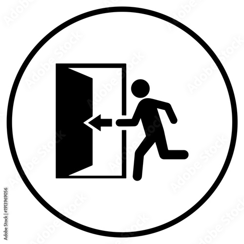 Emergency Exit Round Sign Icon, Black and White Vector Safety Pictogram