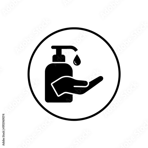 Hand Sanitizer Round Sign Icon, Black and White Minimal Vector Pictogram
