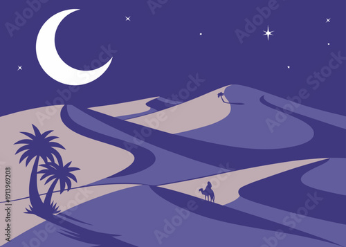 A serene desert landscape under a moonlit sky with palm trees. isolated on transparent background, isolated on white background, Vector