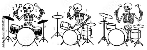Funny skeleton drummer playing drum kit set, halloween music and rock band silhouettes, spooky musician character illustrations for design