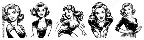 Vintage pin-up girl portraits set, retro woman faces with classic hairstyles collection, glamorous 1950s lady character illustrations