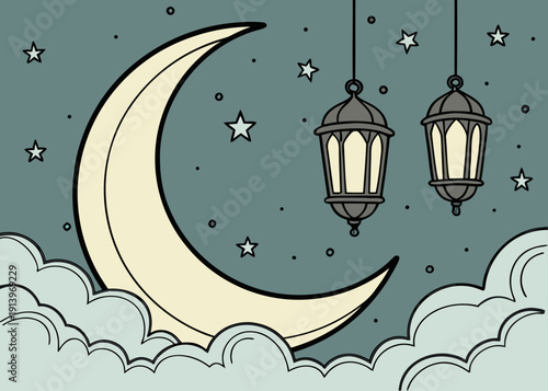 A serene night scene with a crescent moon and lanterns hanging from the sky isolated on transparent background, isolated on white background, Vector