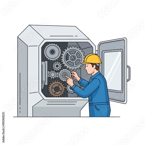 Mechanic Adjusting Gears in Industrial Machine with Open Panel