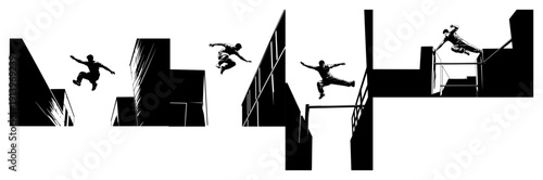 Parkour traceurs silhouettes jumping on urban walls set, street extreme sports athletes in action poses, free running training vector illustrations