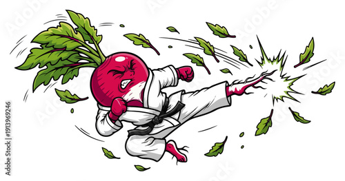 Karate radish character mascot performing flying kick, funny vegetable martial arts warrior in white gi, cartoon healthy food mascot vector
