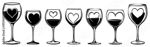 Wine glasses with heart shapes collection, romantic drink silhouettes for Valentines Day, love and anniversary celebration icons, elegant glassware vector