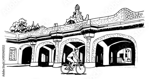 Cyclist riding past arched architecture, urban bike travel and sightseeing scene, heritage building and active lifestyle vector, city tour silhouette