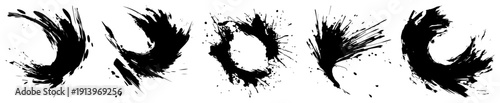 Abstract black ink splatters and brush strokes set, dynamic paint splash silhouettes, artistic liquid drops for creative design elements