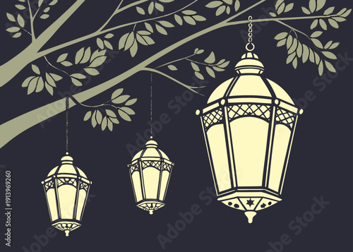 Three vintage street lamps hanging from a tree branch at night. isolated on transparent background, isolated on white background, Vector