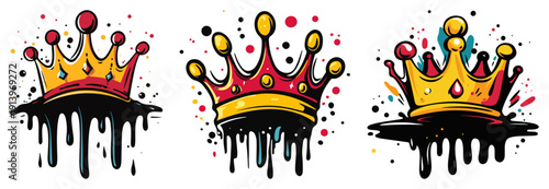 Colorful graffiti crown icons set with dripping paint, urban street art style royal symbols, vibrant crown logo elements, vector illustration