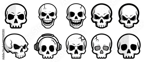 Human skull icons set with various expressions, spooky cranium silhouettes collection, death and horror symbols for tattoo and sticker design