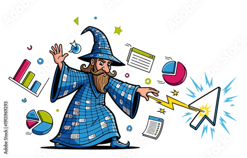 Data wizard casting magic spells on business charts, analytics and technology wizardry mascot, financial success and magic marketing vector