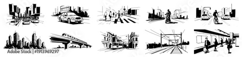Urban city life sketches and architectural silhouettes set, cityscape subway crosswalk and traffic illustrations, travel design elements