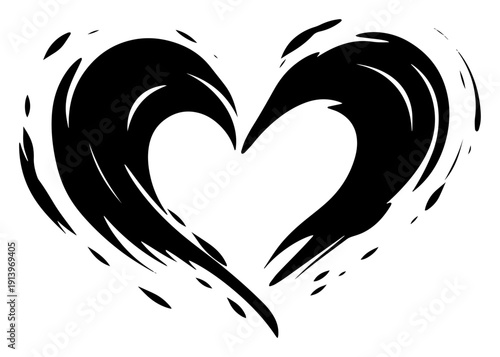 Abstract black brush stroke heart silhouette, romantic paint splash love symbol illustration, artistic ink heart shape vector