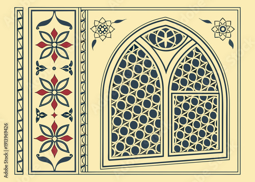 Intricate stained glass window design with floral and geometric patterns isolated on transparent background, isolated on white background, Vector