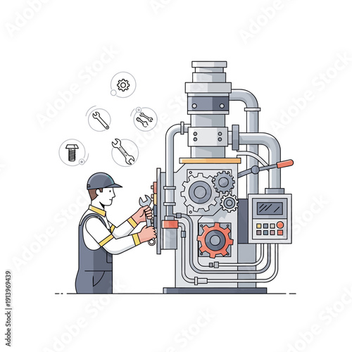Mechanic repairing industrial machine with tools and gears illustration