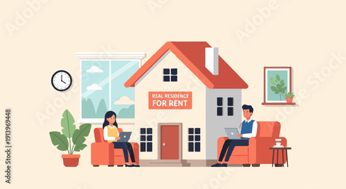 Two people sit in armchairs at home, working on laptops, with a house for rent in background