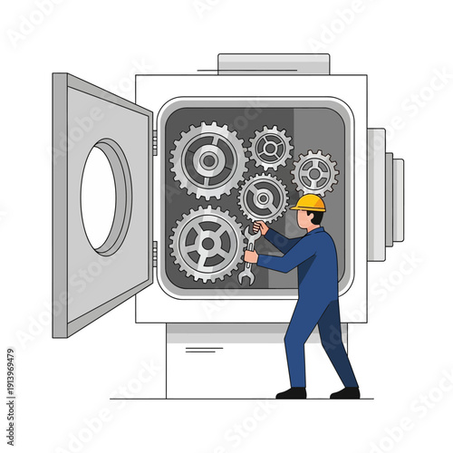 Mechanic working on complex machinery gears, fixing internal components with wrench.