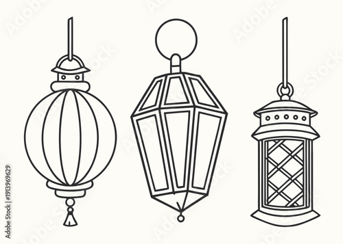 A collection of vintage lanterns with intricate designs and hanging mechanisms isolated on transparent background, isolated on white background, Vector