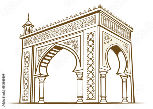 The grand archway of the ancient palace entrance with intricate carvings and columns isolated on transparent background, isolated on white background, Vector