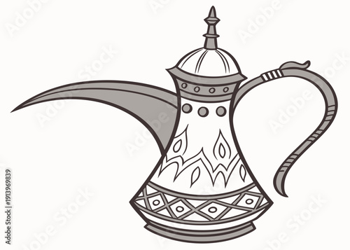 Intricate traditional arabic coffee pot with ornate design and spout isolated on transparent background, isolated on white background, Vector