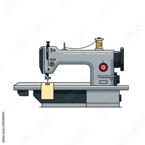 Modern Sewing Machine with Spool of Thread and Fabric, Isolated on White