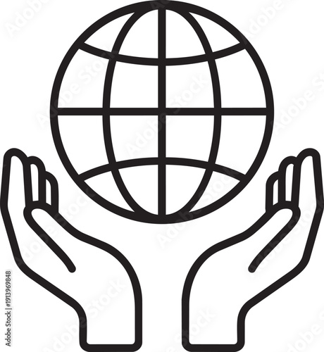 Linear icon of hands holding a globe representing international support and global care services for business