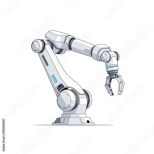 Modern white robotic arm with gripper, industrial automation technology illustration