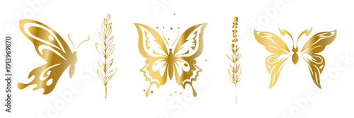 Gold Butterfly Silhouettes with Botanical Accents Elegant Set. Elegant gold butterfly silhouettes combined with fine botanical details for premium packaging, posters, and luxury branding.