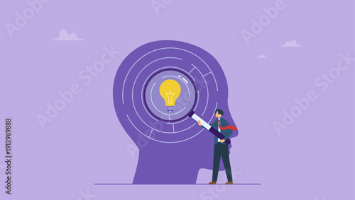 Businessman use magnifying glass to search idea in businessman head, searching for good idea concept.