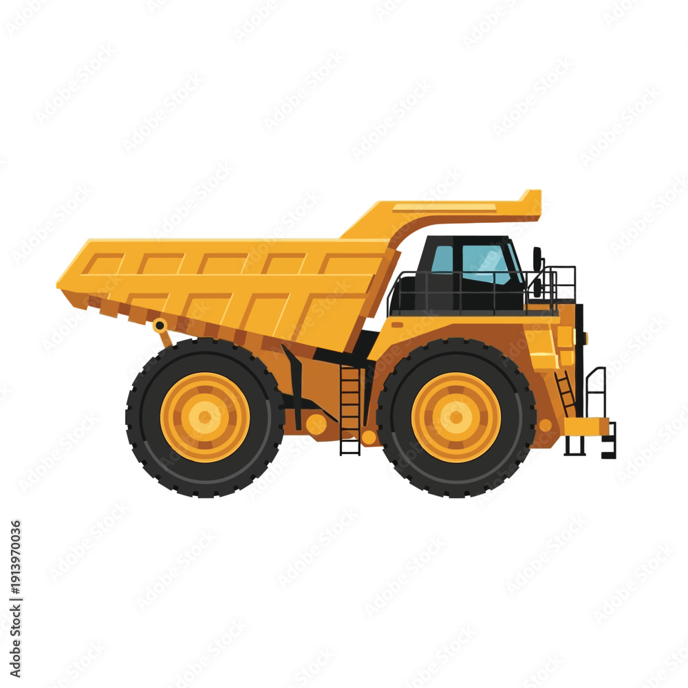 Fototapeta premium Dynamic yellow heavy-duty dump truck illustration, a powerful industrial vehicle essential for large-scale earthmoving, mining, and construction material transport