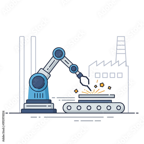 Robotic arm on conveyor belt in factory, industrial automation concept
