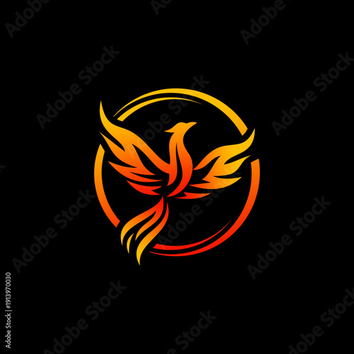 Phoenix Rising from Flames Emblem Logo.