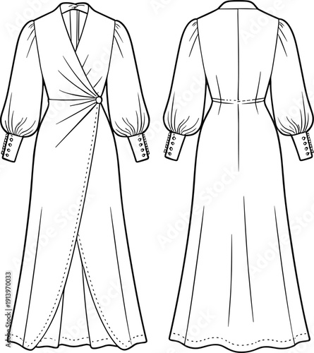 Technical fashion flat sketch of wrap maxi dress with long puff sleeves, button cuffs, front and back view illustration
