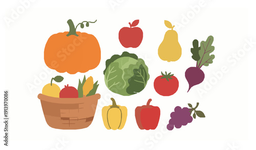 Cartoon autumn harvest vector collection with fruits and vegetables isolated on white background