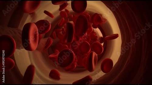 Microscopic red blood cells flowing through vein medical animation
