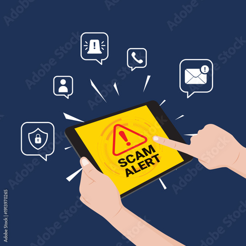 Hands holding tablet with scam alert symbol and communication icons. Concept of fraud warning, spam calls, and online security.