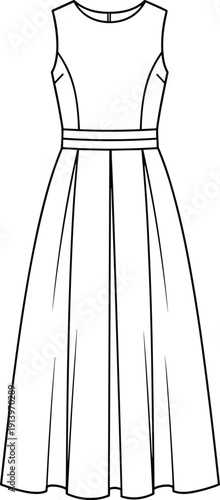 Sleeveless maxi dress technical fashion illustration with fitted bodice pleated skirt and waist belt vector apparel template