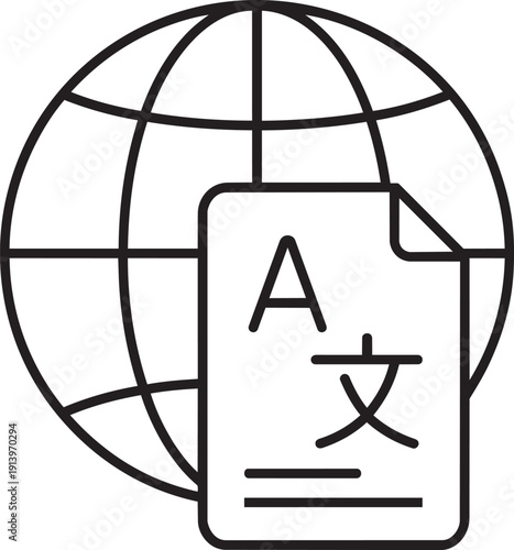 Globe icon paired with a document page representing international agreements and global translation paperwork services
