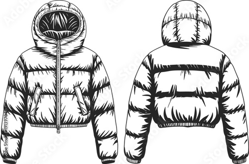 Technical fashion illustration of padded hooded puffer jacket front and back view with zipper pockets quilted winter outerwear design