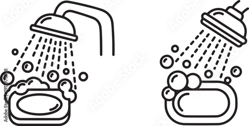 Line art illustration of a shower head with water droplets and a bar of soap