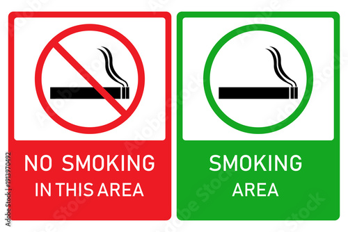 No Smoking and Smoking Area Signs Indicating Designated Smoking and No Smoking Zones.