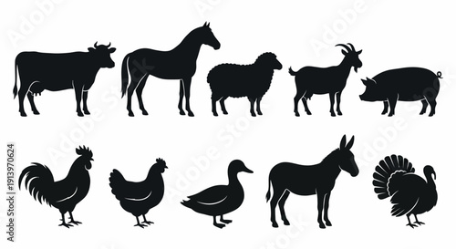 Assorted farm animals including cow horse sheep pig goat rooster duck.
