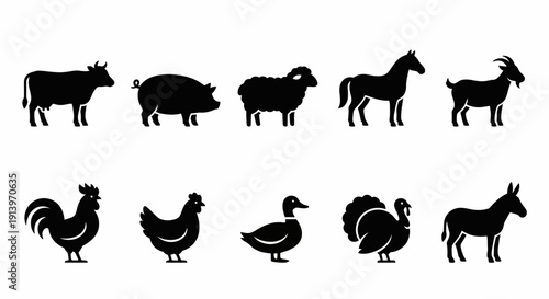 Collection of farm animal silhouettes including cow pig sheep horse goat rooster hen duck goose and donkey.