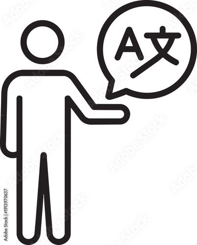 Teacher character presenting language symbols representing classroom education and linguistic instruction for students in school