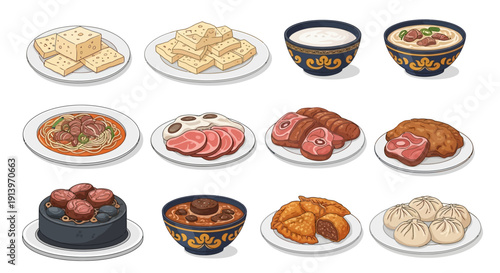 Classic Mongolian Meals Served on Plates and Bowls