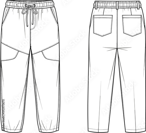 Jogger pants technical fashion illustration with front and back views drawstring waist utility pocket details vector template
