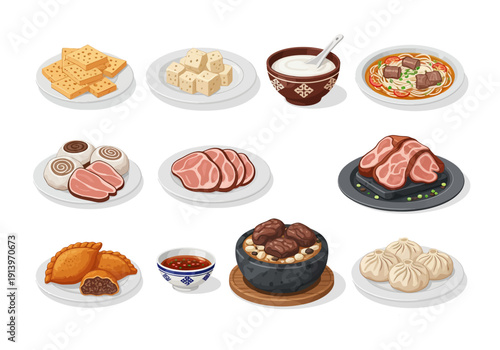Authentic Mongolia Cuisine Dishes Flat Vector Illustration
