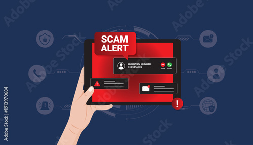 Hand holding tablet with scam alert notifications and caller warnings. Concept of fraud detection, phishing awareness, and data protection.