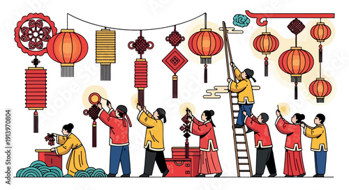 Illustration of people in traditional Chinese clothing decorating with red lanterns and ornaments on a white background.